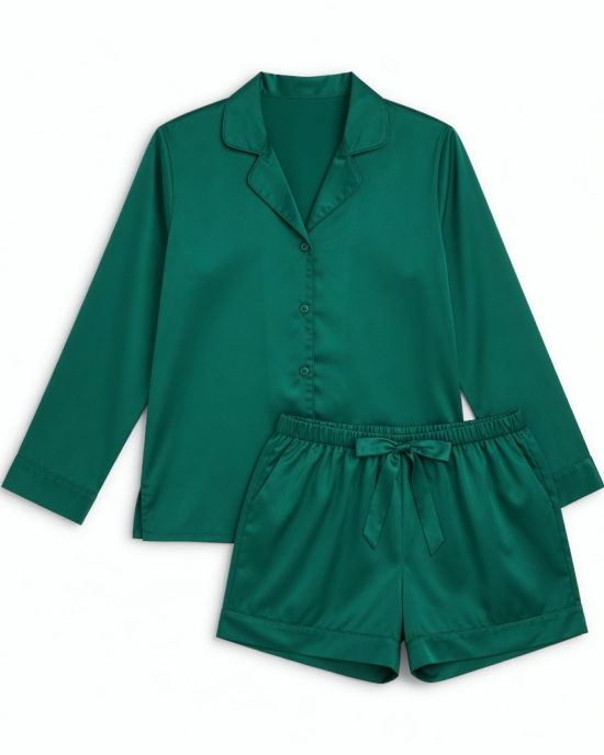 Womens 2 PC Pajama Set 0XL Green Satin Shorts