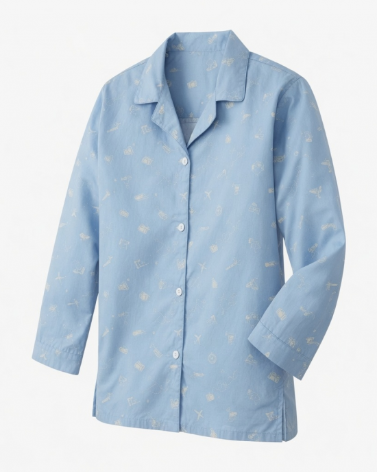 Pajama, Top Only Small 100% Cotton Button Up Travel Themed