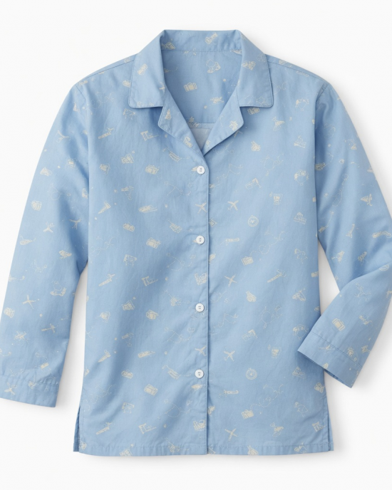 Pajama, Top Only Small 100% Cotton Button Up Travel Themed