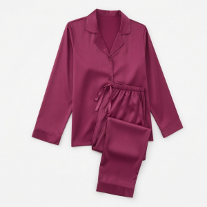 2 Piece Satin Look Pajama Set with Satin Trim, Magenta