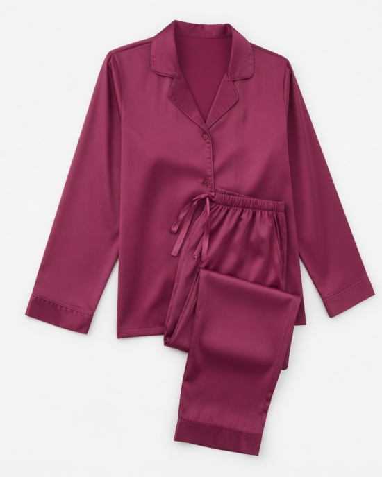 2 Piece Satin Look Pajama Set with Satin Trim, Magenta