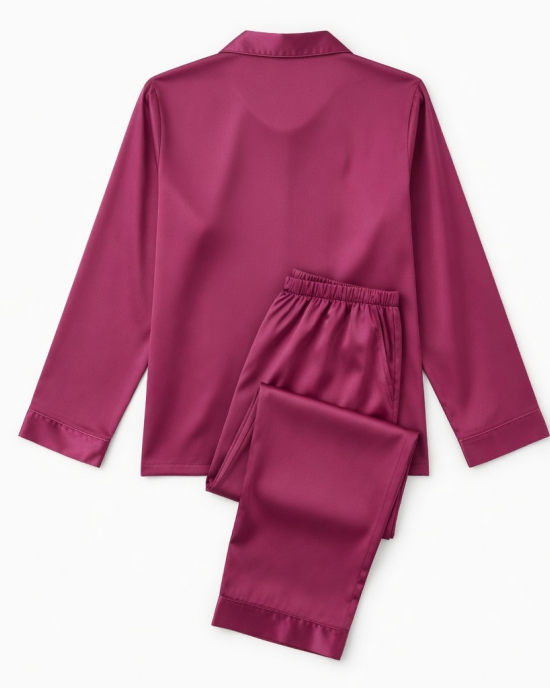 2 Piece Satin Look Pajama Set with Satin Trim, Magenta