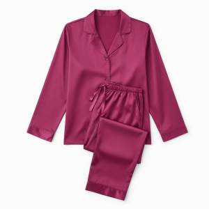 2 Piece Satin Look Pajama Set with Satin Trim, Magenta