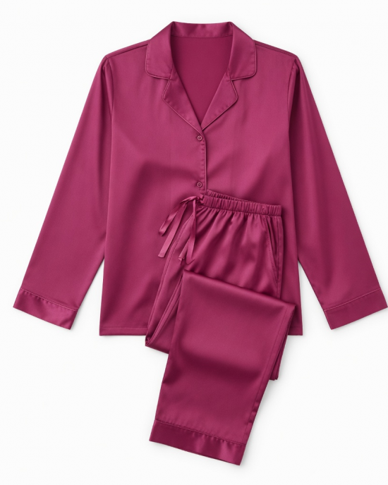 2 Piece Satin Look Pajama Set with Satin Trim, Magenta