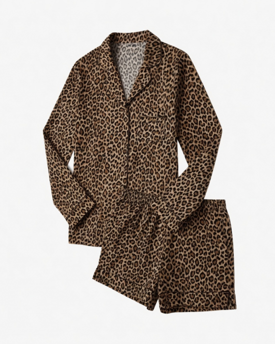 Women's 2 PC Animal Print Pajama Set Natural Leopard