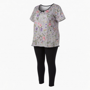 Floral Embroidered Sleep Top with Black Leggings