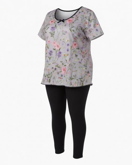 Floral Embroidered Sleep Top with Black Leggings