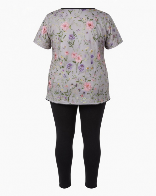 Floral Embroidered Sleep Top with Black Leggings