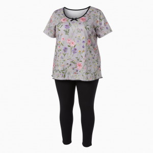 Floral Embroidered Sleep Top with Black Leggings