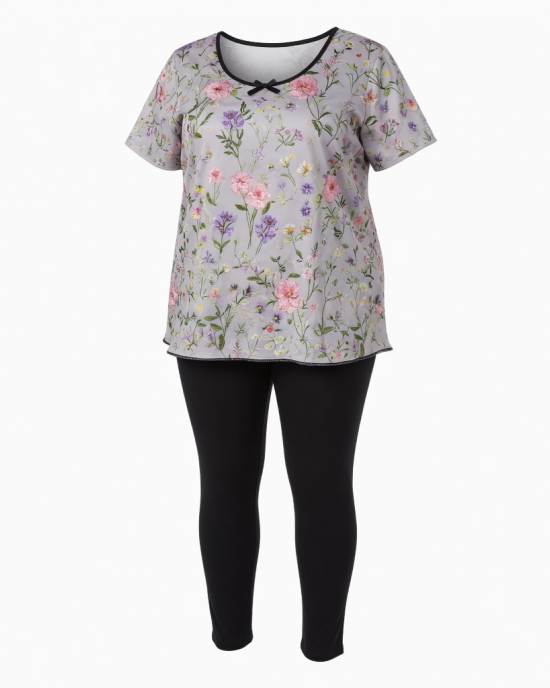 Floral Embroidered Sleep Top with Black Leggings