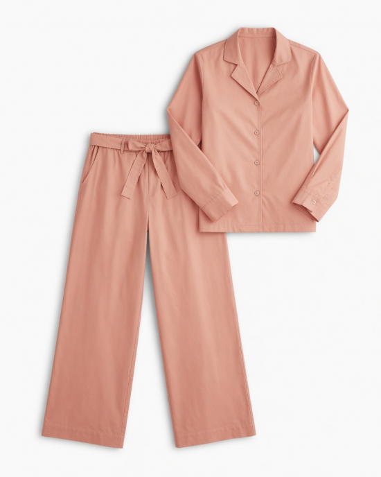 Green Cotton Salmon Pink 2pc Pajamas Set Wide Leg Women's
