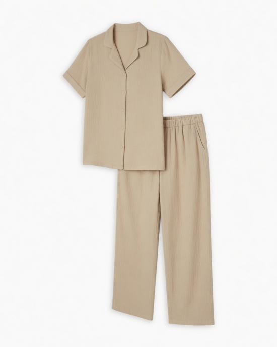 Women's Set Soft gauze short sleeve pajama Set Medium Beige Top Pant