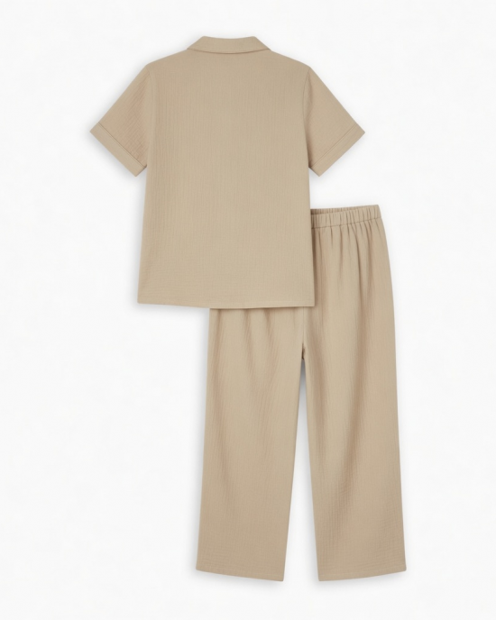 Women's Set Soft gauze short sleeve pajama Set Medium Beige Top Pant