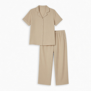 Women's Set Soft gauze short sleeve pajama Set Medium Beige Top Pant