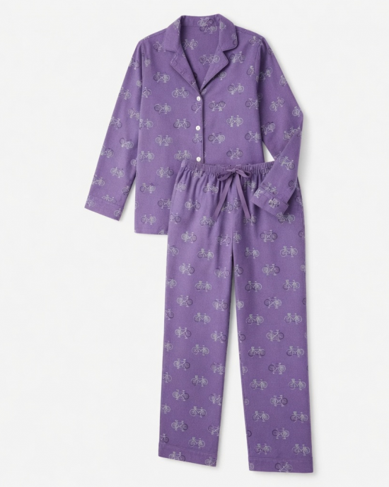 Pajamas Set Bicycle Purple Print Flannel Women Sleepwear